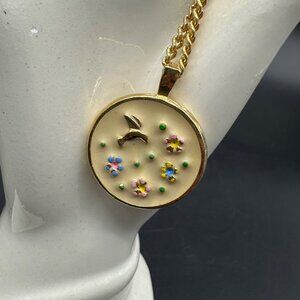 Hummingbird Flower Pendant Necklace Enamel Gold Tone 18" Chain Whimsical Nature